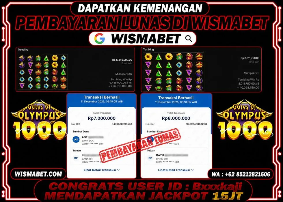 Wismabet - BUKTI KEMENANGAN Gates Of Olympus 1000  Rp15,000,000,- LUNAS